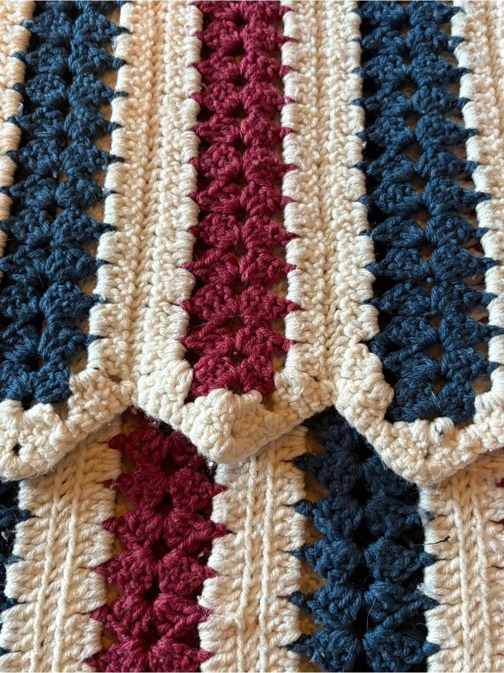 Vintage Crocheted Afghan Red White And Blue Patriotic Throw Blanket 55” X 68”‎
